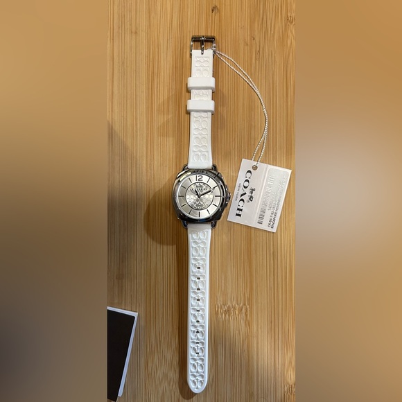 Coach Boyfriend Watch With 34mm Silver Face & White Silicone Band. - Picture 5 of 7